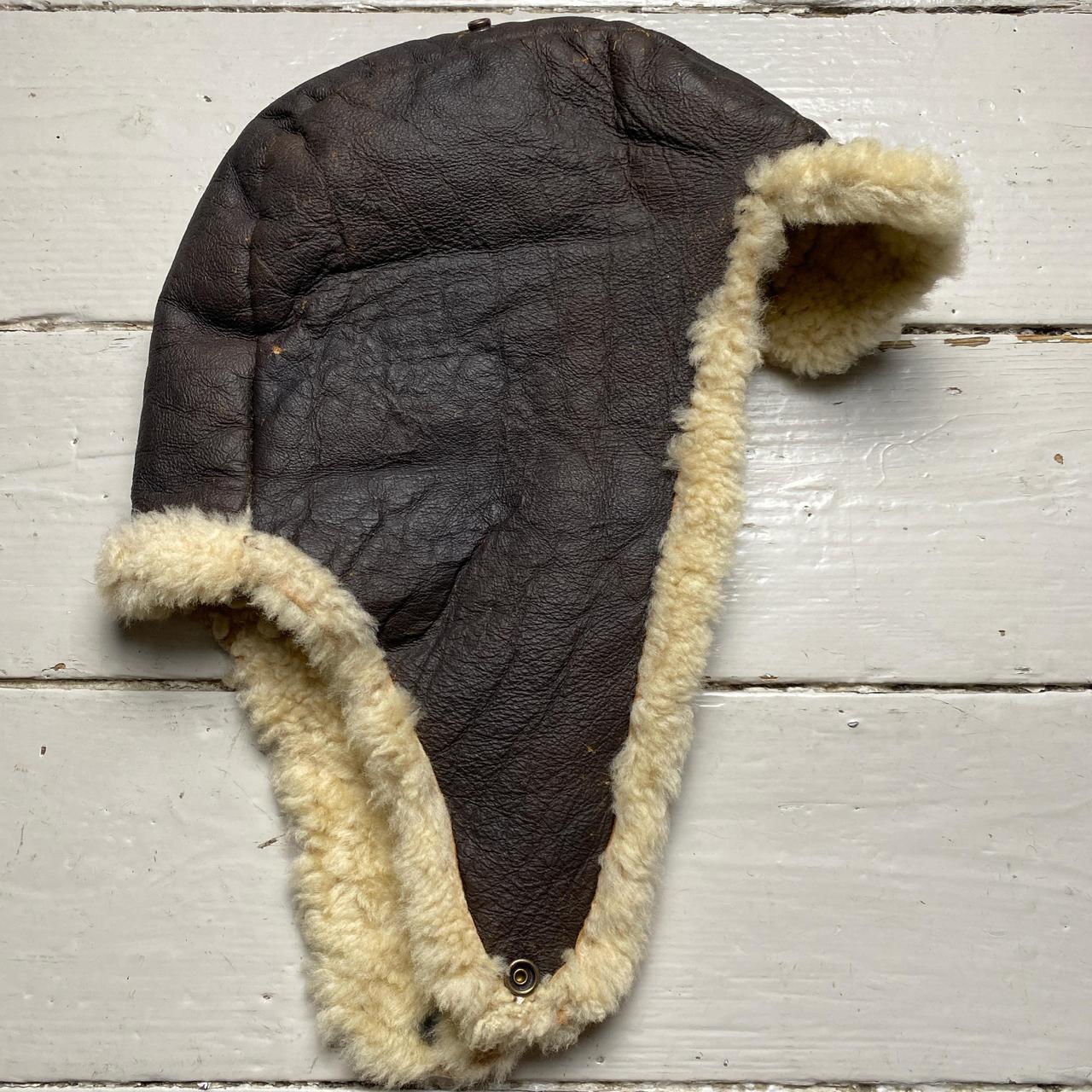 Sheepskin Leather Vintage Dog Ear Trapper Hat Brown and Cream