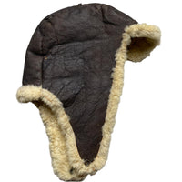 Sheepskin Leather Vintage Dog Ear Trapper Hat Brown and Cream