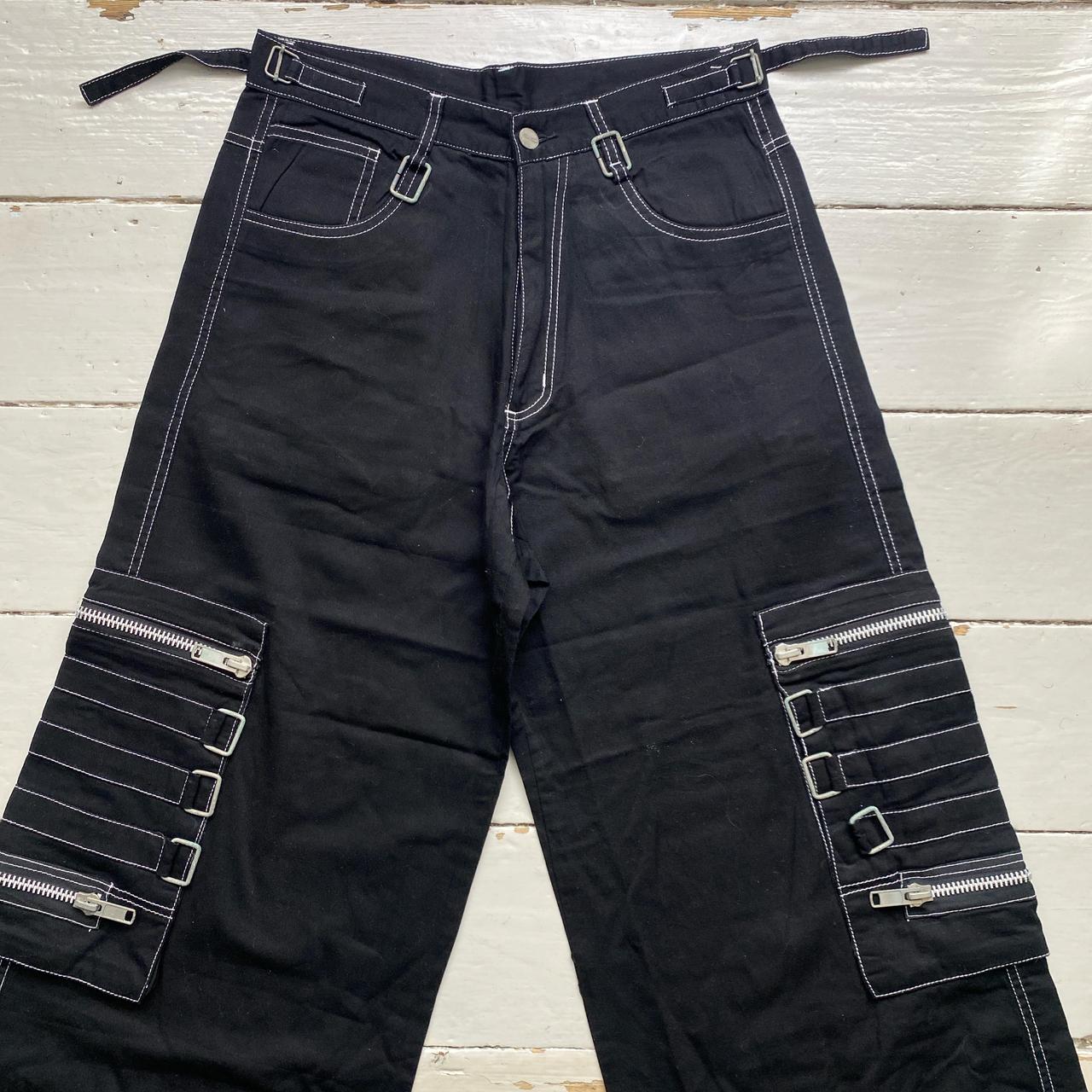 Criminal Damage Bondage Black and Silver Zipper Buckle Baggy Jean Cargo Trousers