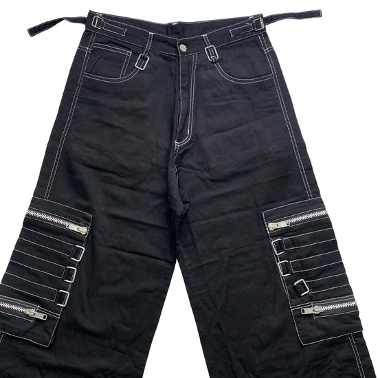Criminal Damage Bondage Black and Silver Zipper Buckle Baggy Jean Cargo Trousers (30W)