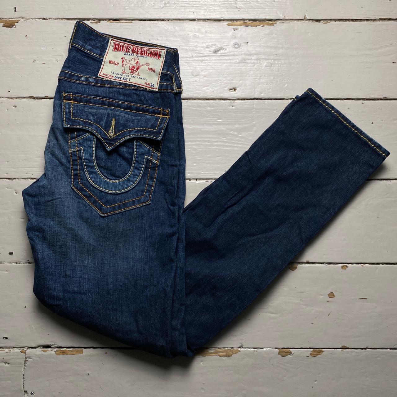 True Religion Jack Big T Navy and Gold Yellow Stitch Jeans