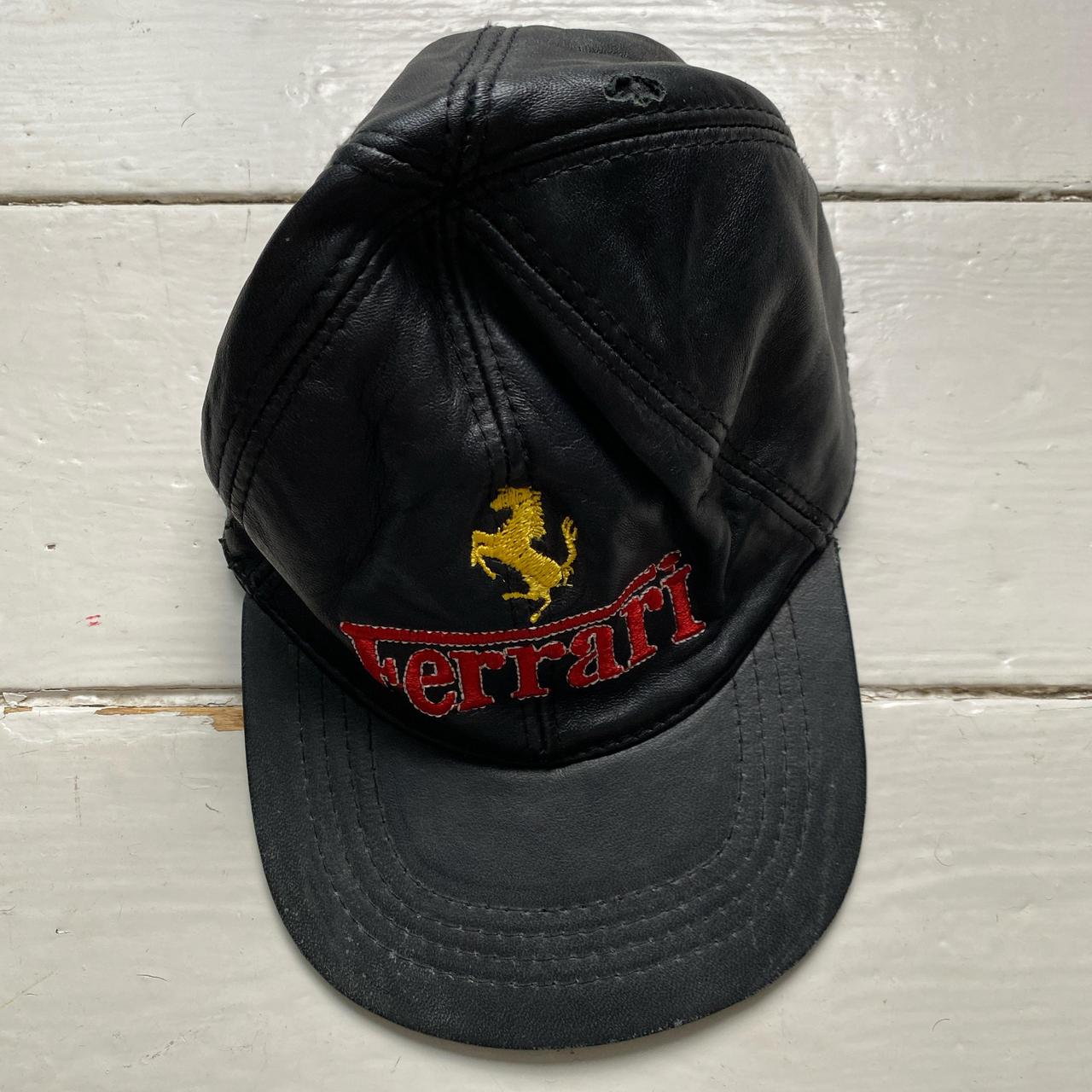 Ferrari Vintage Leather Racing Cap Black Yellow and Red