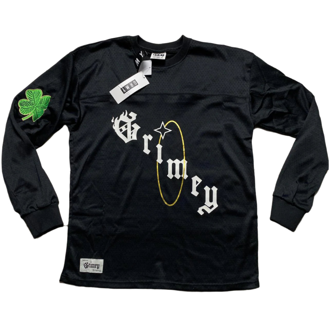 Grimey Black and Green Clovers Long Sleeve Football Jersey (M)