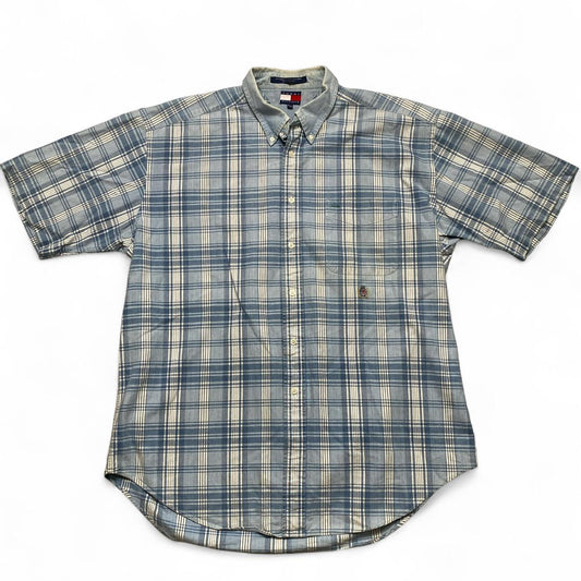Tommy Hilfiger Blue and White Plaid Short Sleeve Shirt (XL)