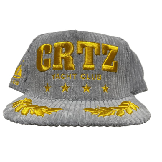 Corteiz Soho Yacht Club Corduroy Grey and Gold Velour Snapback Cap