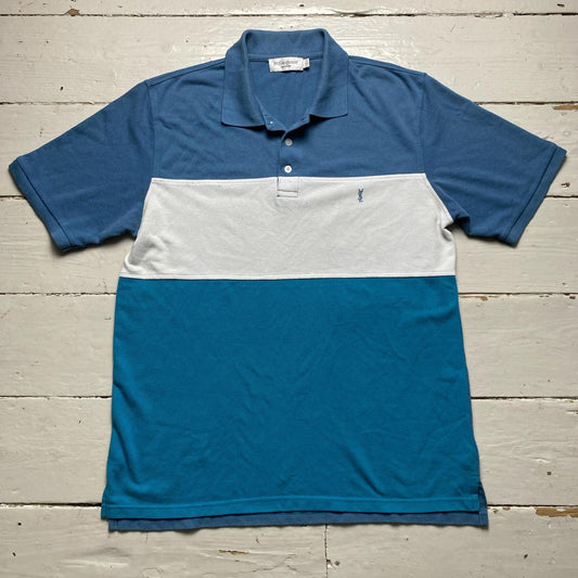 YSL Yves Saint Laurent Blue Two Tone and White Polo Shirt