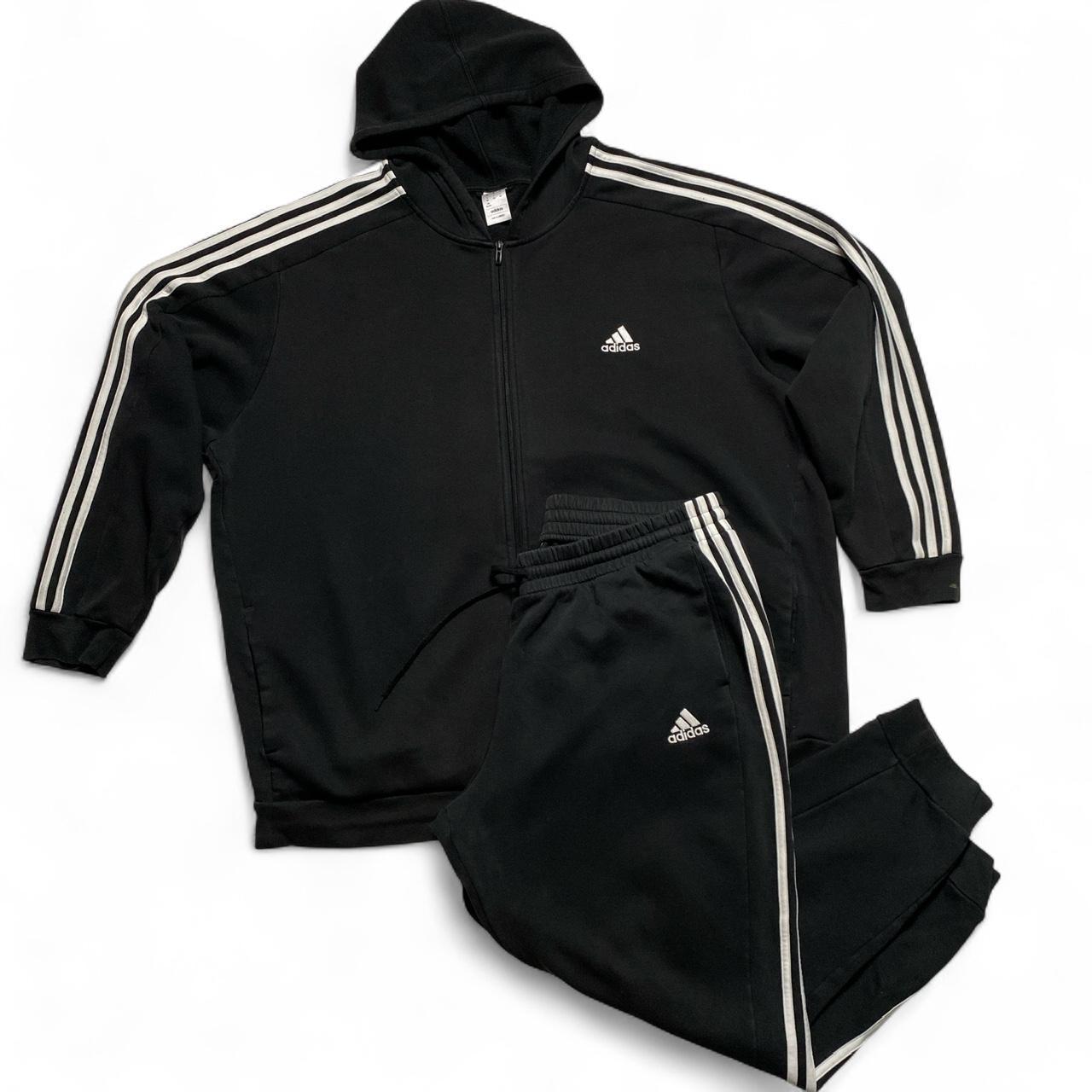 Adidas Black and White Stripe Full Tracksuit Hoodie and Joggers (3XL)