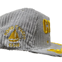 Corteiz Soho Yacht Club Corduroy Grey and Gold Velour Snapback Cap