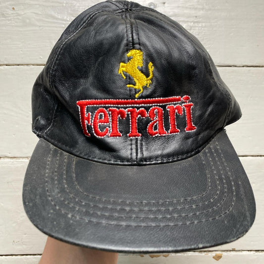 Ferrari Vintage Leather Racing Cap Black Yellow and Red
