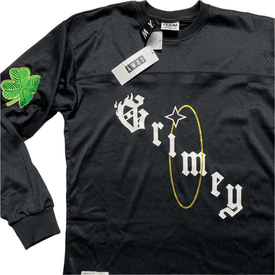 Grimey Black and Green Clovers Long Sleeve Football Jersey (M)