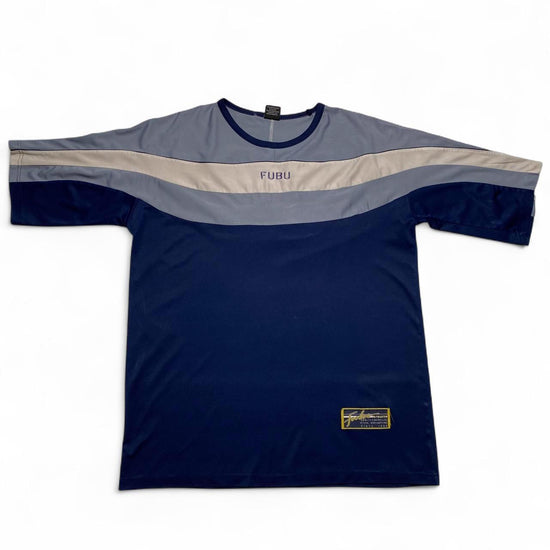 FUBU Navy Light Blue and White Vintage y2k Striped Jersey (XL)