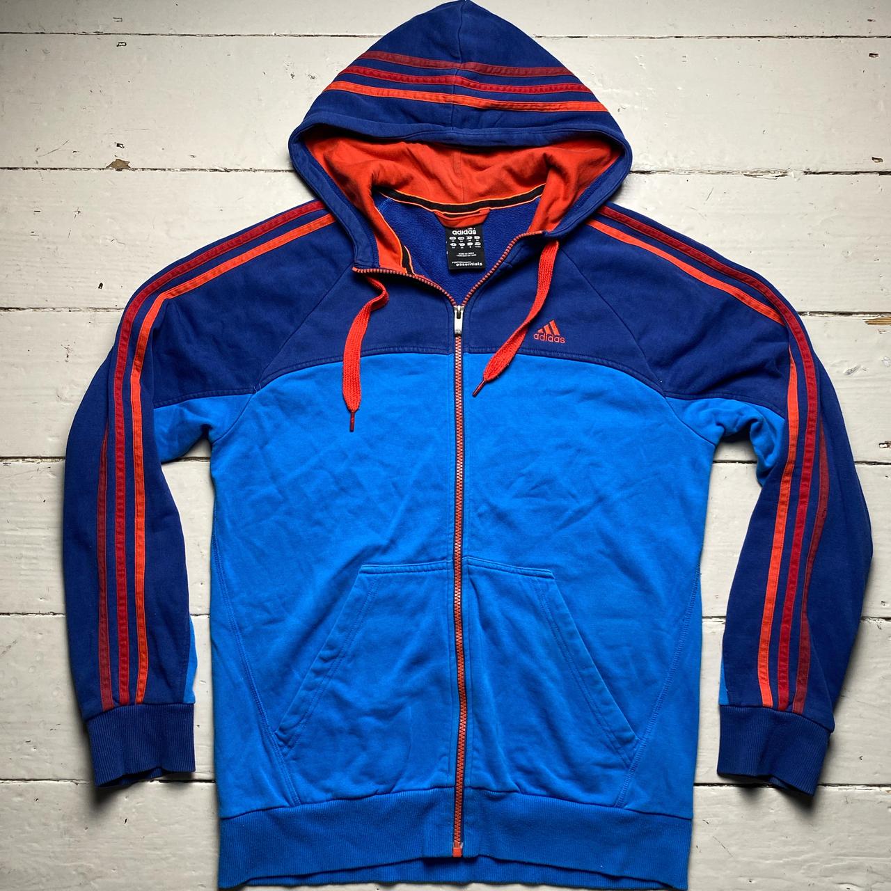 Adidas Performance Essentials Blue Two Tone Orange Red Stripes Hoodie