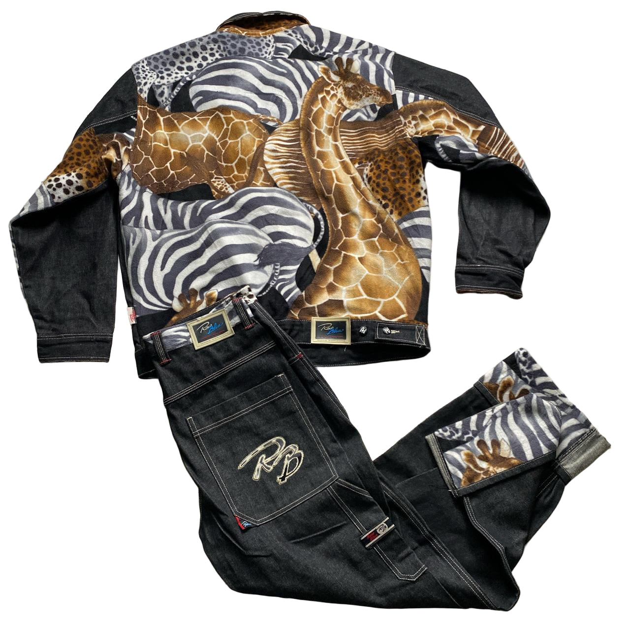 Raw Blue Full Denim Giraffe and Zebra Wildlife Jeans Set (L)