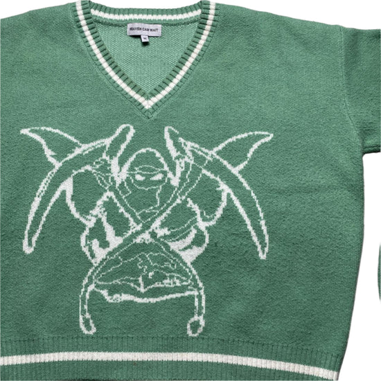 Heaven Can Wait Cropped Mint Green and White Reaper V Neck Jumper (M)