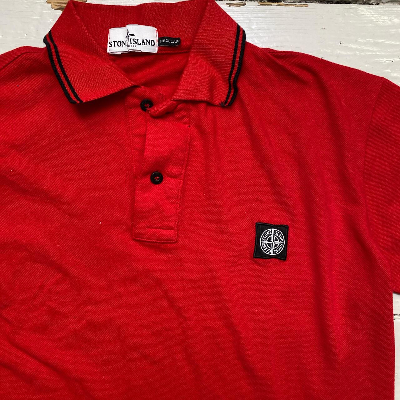 Stone Island Red and Black Square Patch Long Sleeve Polo Shirt