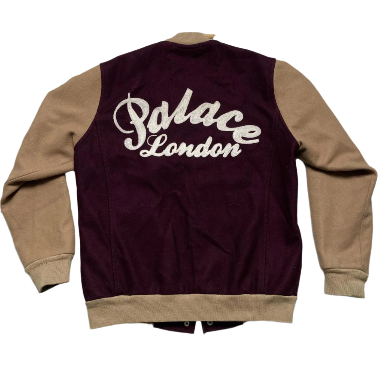 Palace Wool Burgundy and Sand Tan Brown Varsity Bomber Jacket (L)