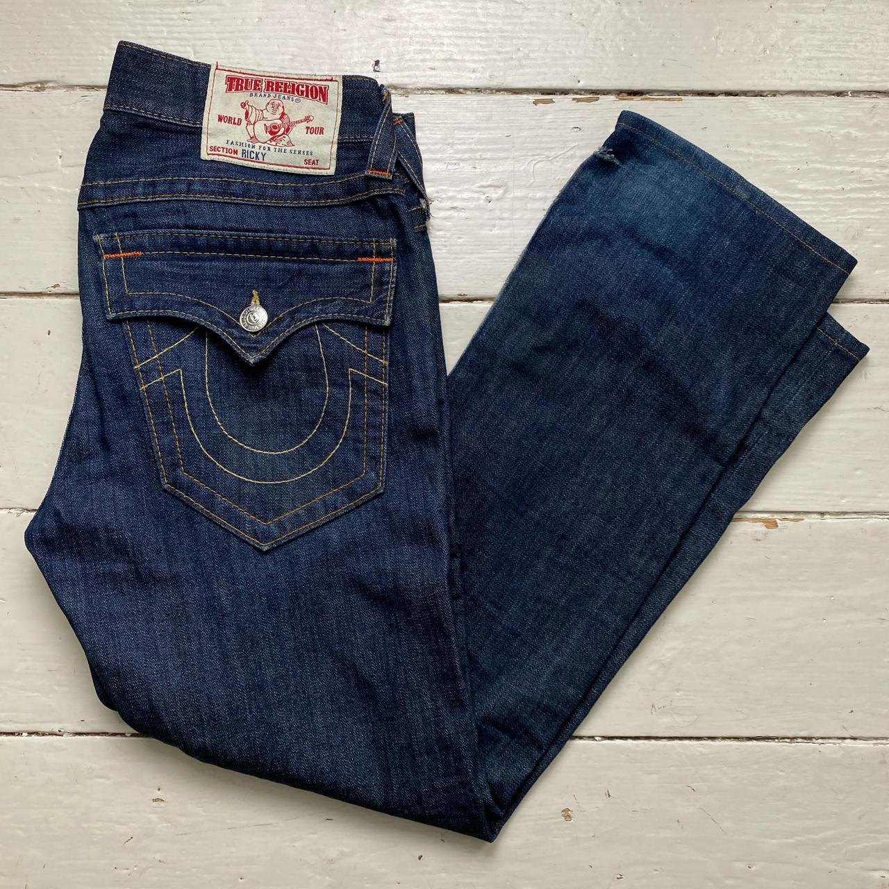 True Religion Ricky Navy and Gold Stitch Straight Baggy Jeans