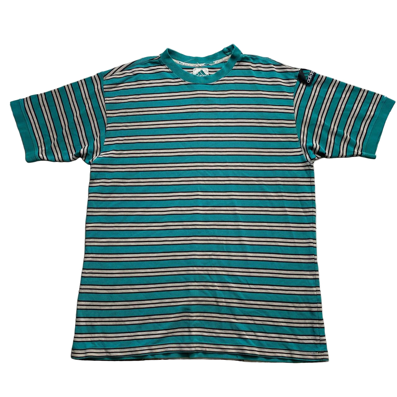 Adidas Equipment Vintage 90’s Green and Cream Striped T Shirt Jersey (XL)