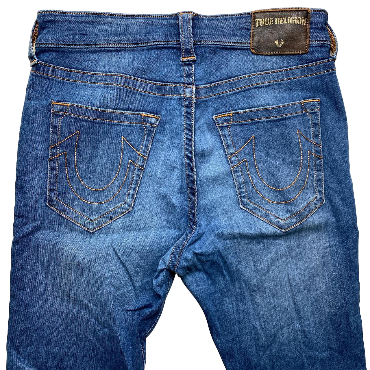 True Religion Jack Slim Blue and Gold Stitch Jeans (33W)