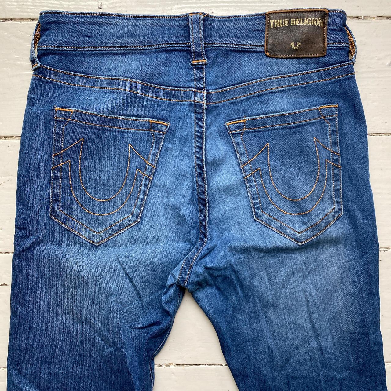 True Religion Jack Slim Blue and Gold Stitch Jeans