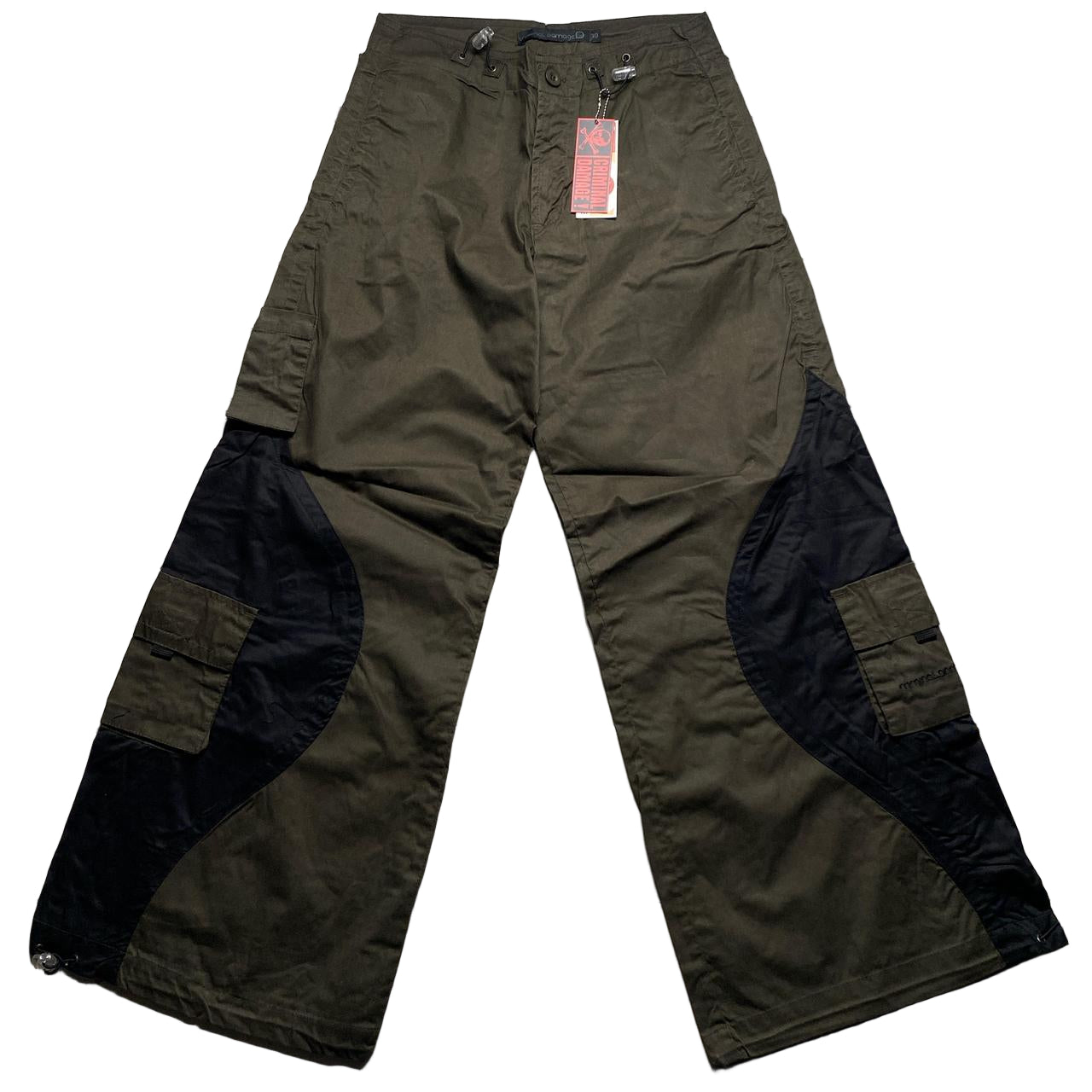 Criminal Damage Khaki Green and Black Baggy Cargo Parachute Combat Trousers (30W)