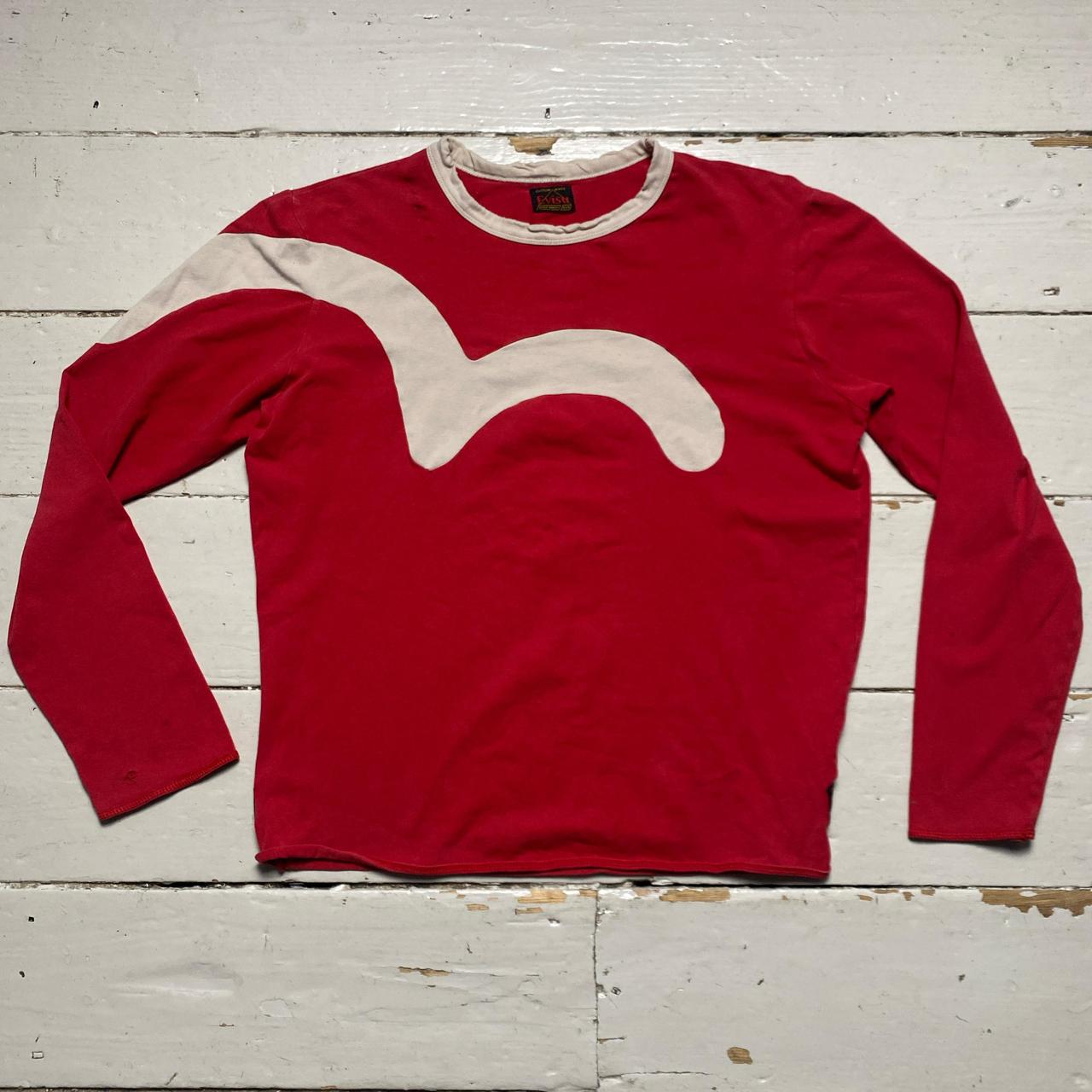 Evisu Red and Cream White Big Daicock Swoosh Sweatshirt Long Sleeve