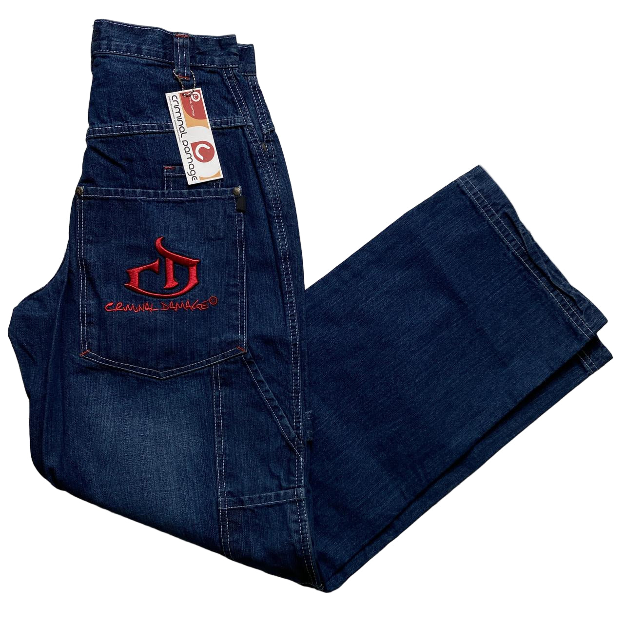 Criminal Damage Baggy Carpenter Jeans Navy and Red Embroidery (28W)