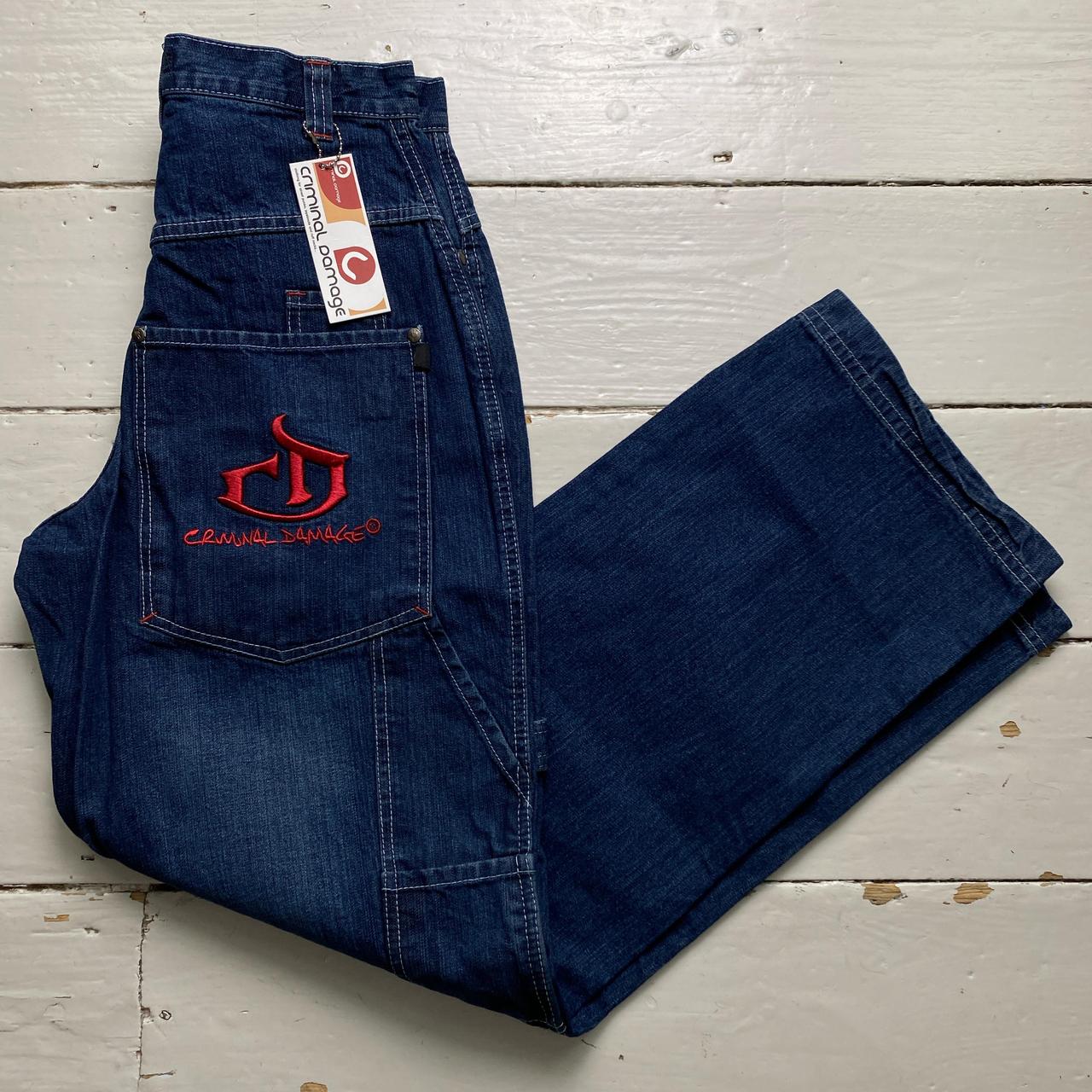 Criminal Damage Baggy Carpenter Jeans Navy and Red Embroidery