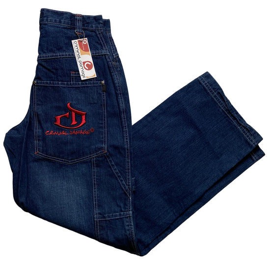 Criminal Damage Baggy Carpenter Jeans Navy and Red Embroidery (28W)