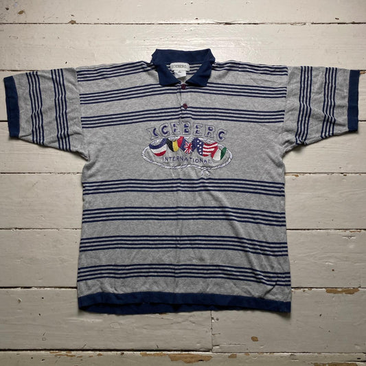 Iceberg Vintage 90’s Striped Grey and Navy Flags Polo Shirt