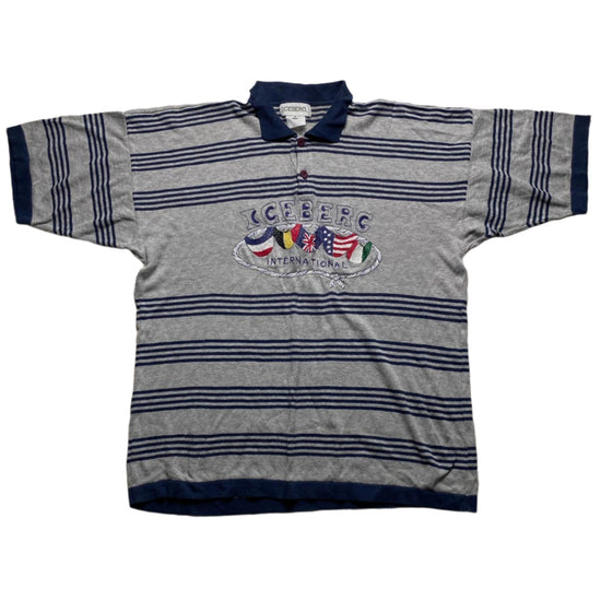 Iceberg Vintage 90’s Striped Grey and Navy Flags Polo Shirt (XL)