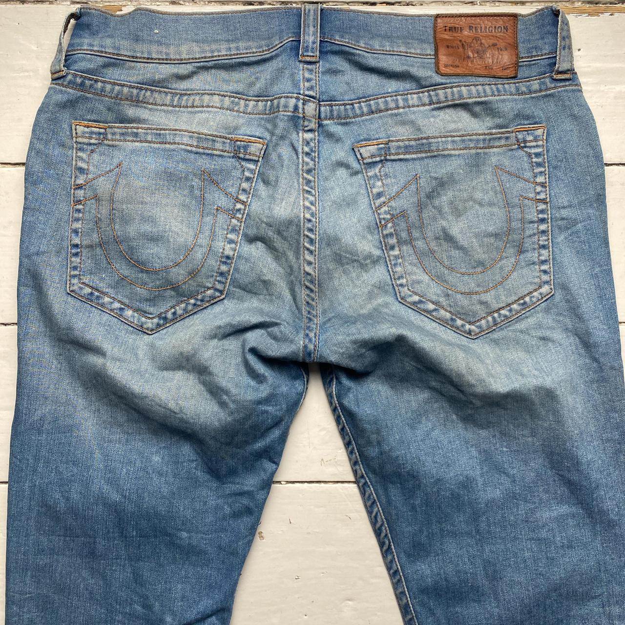 True Religion Geno Blue Stonewash Brown Stitch Jeans