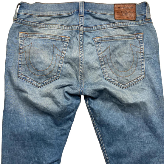 True Religion Geno Blue Stonewash Brown Stitch Jeans (36W)
