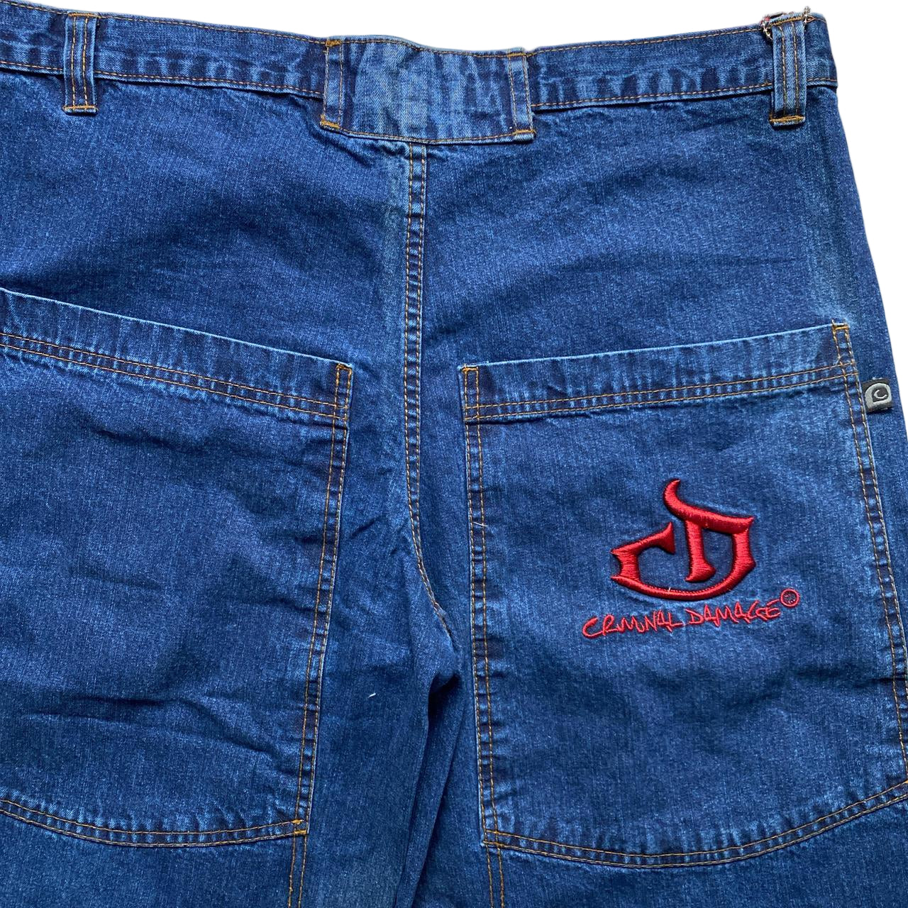 Criminal Damage Baggy Embroidered Navy and Red Jorts Jean Shorts (38W/40W)