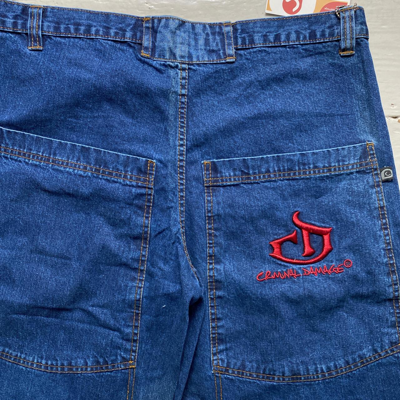 Criminal Damage Baggy Embroidered Navy and Red Jorts Jean Shorts