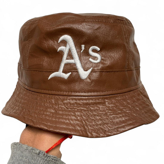 A’s New Era Brown and White Faux Leather Bucket Hat