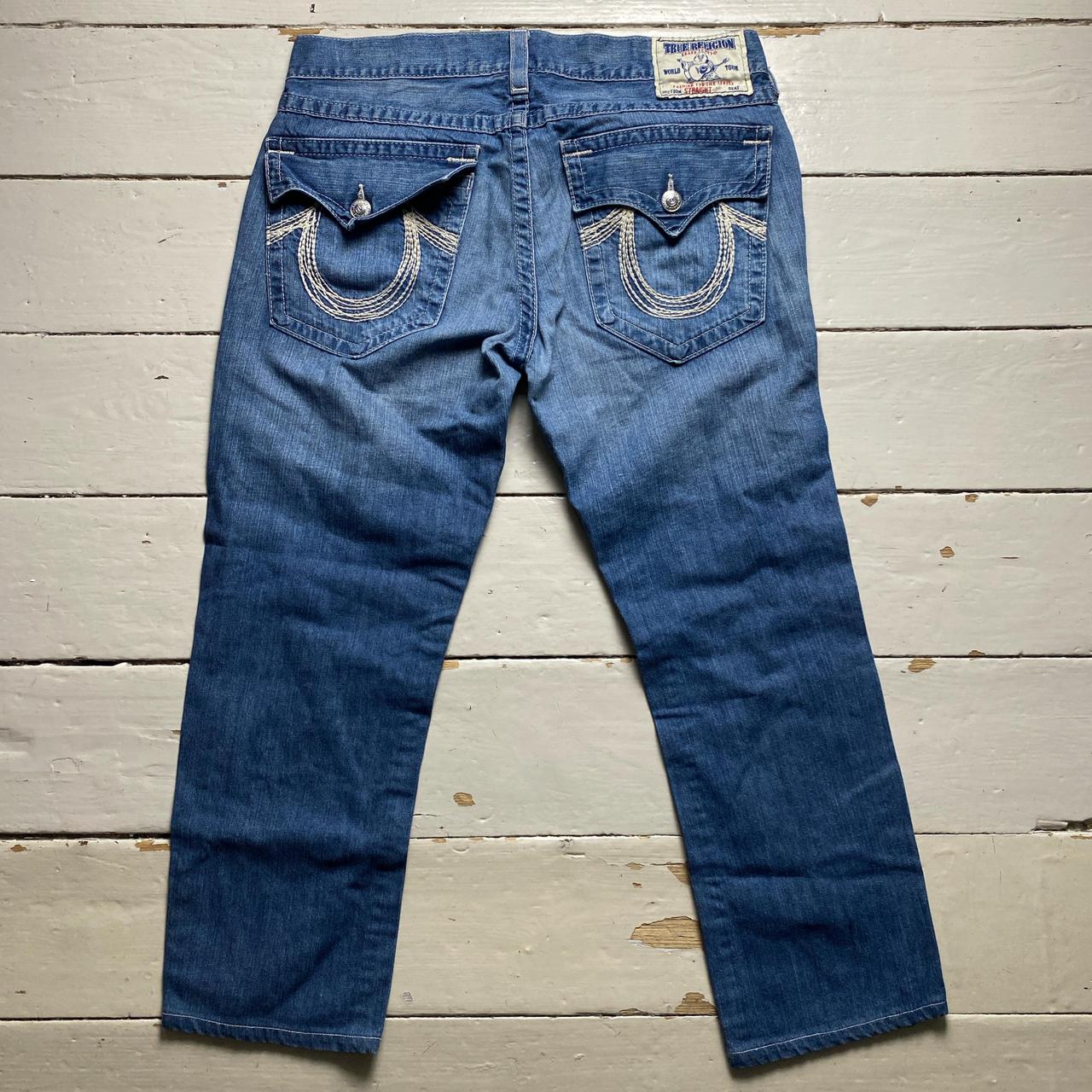 True Religion Blue and White Stitch Straight Baggy Jeans