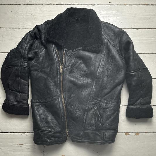 Real Sheepskin Sherling Leather Duffle Bomber Coat Black