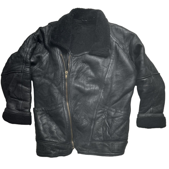 Real Sheepskin Sherling Leather Duffle Bomber Coat Black (L)