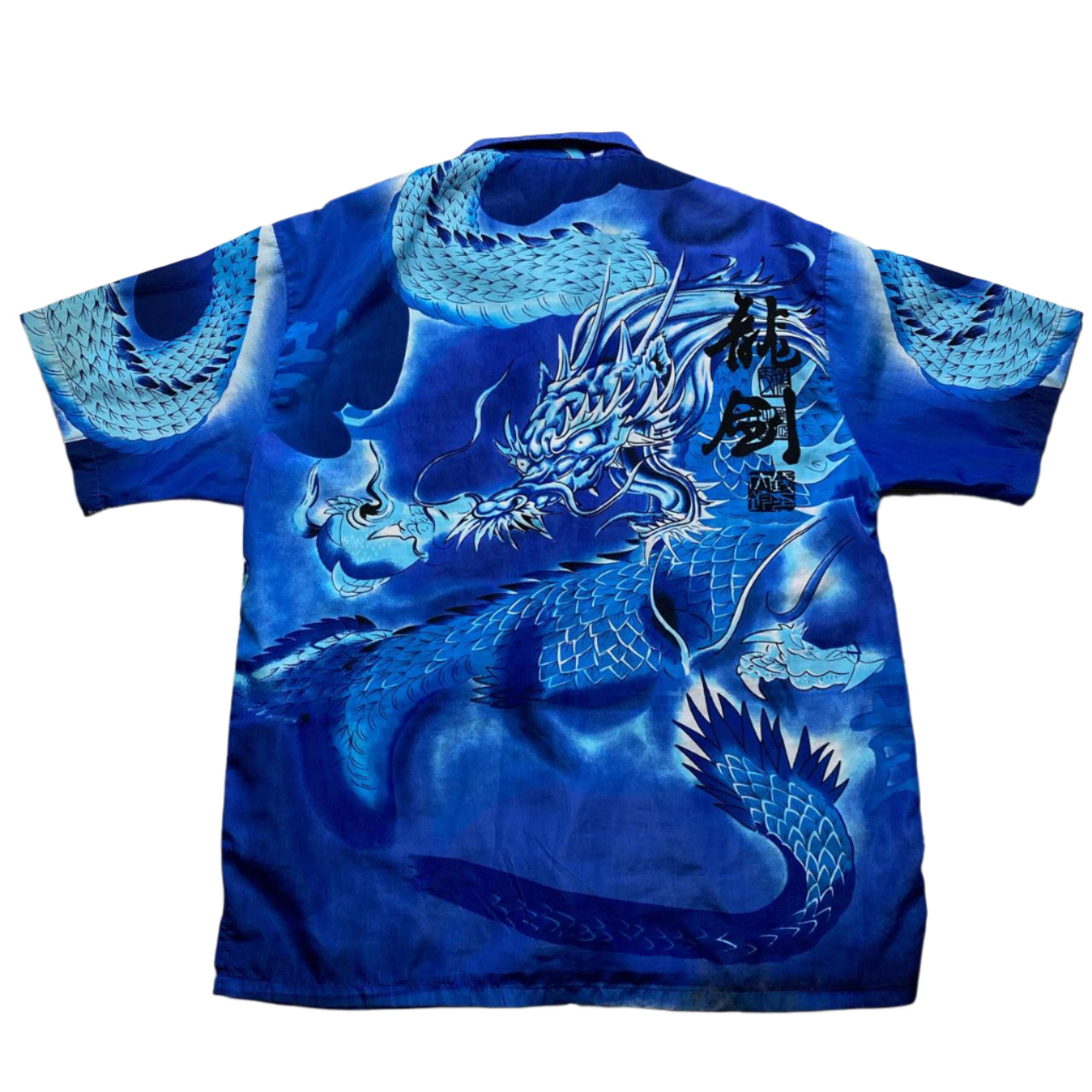 Dragon Y2K Japanese Silk Blue Short Sleeve Shirt (XL)