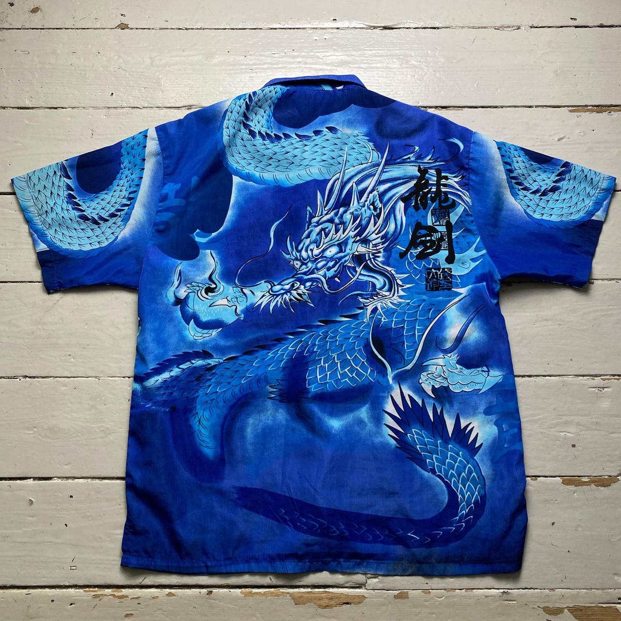 Dragon Y2K Japanese Silk Blue Short Sleeve Shirt