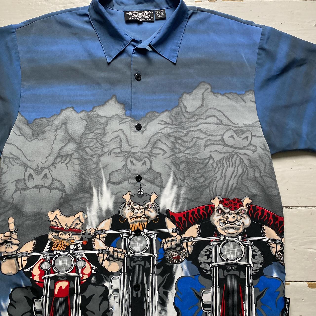 Y2K Pig Bikers Cartoon Animated Short Sleeve Silk Shirt