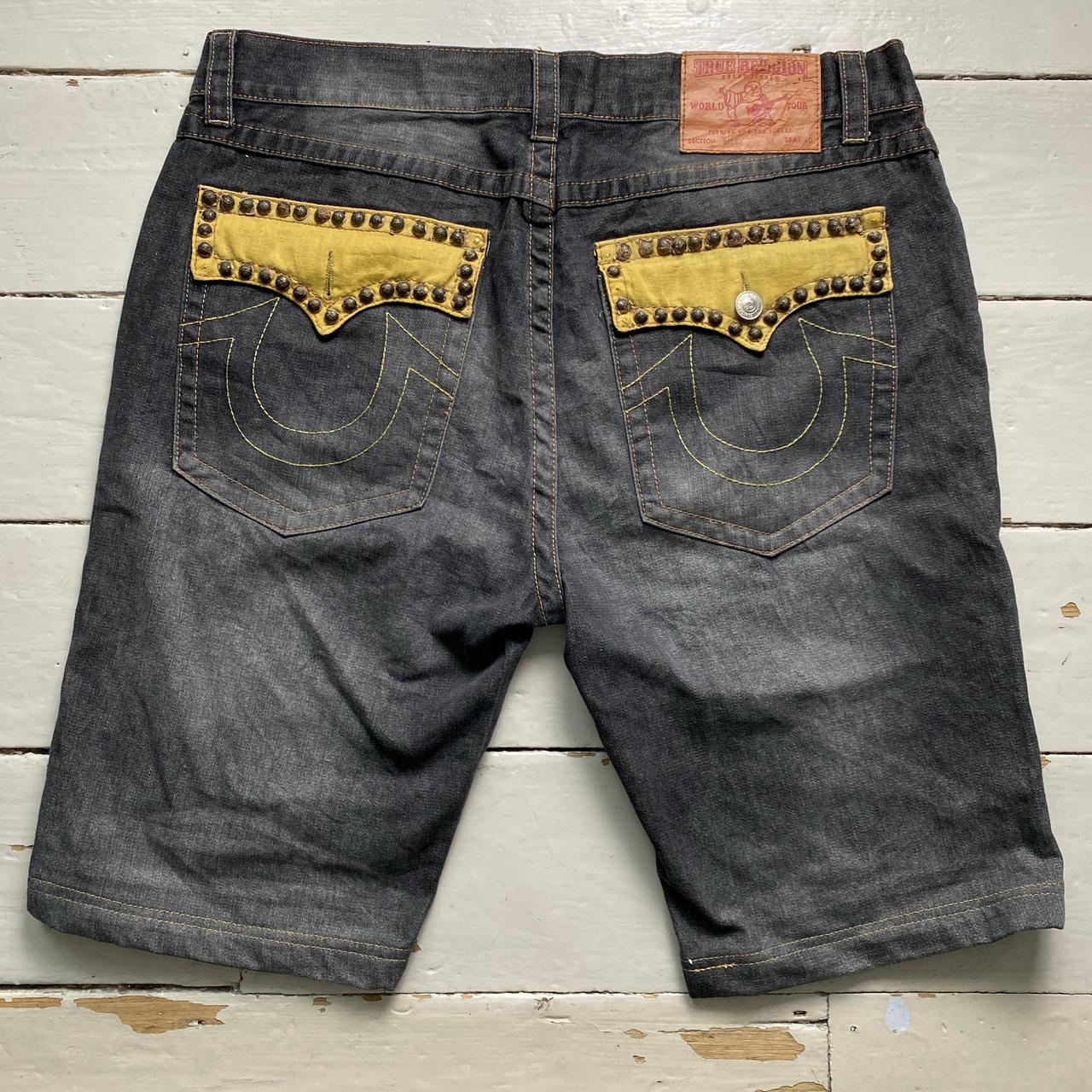 True Religion Billy Baggy Vintage Stud and Gold Stitch Grey Jort Jean Shorts