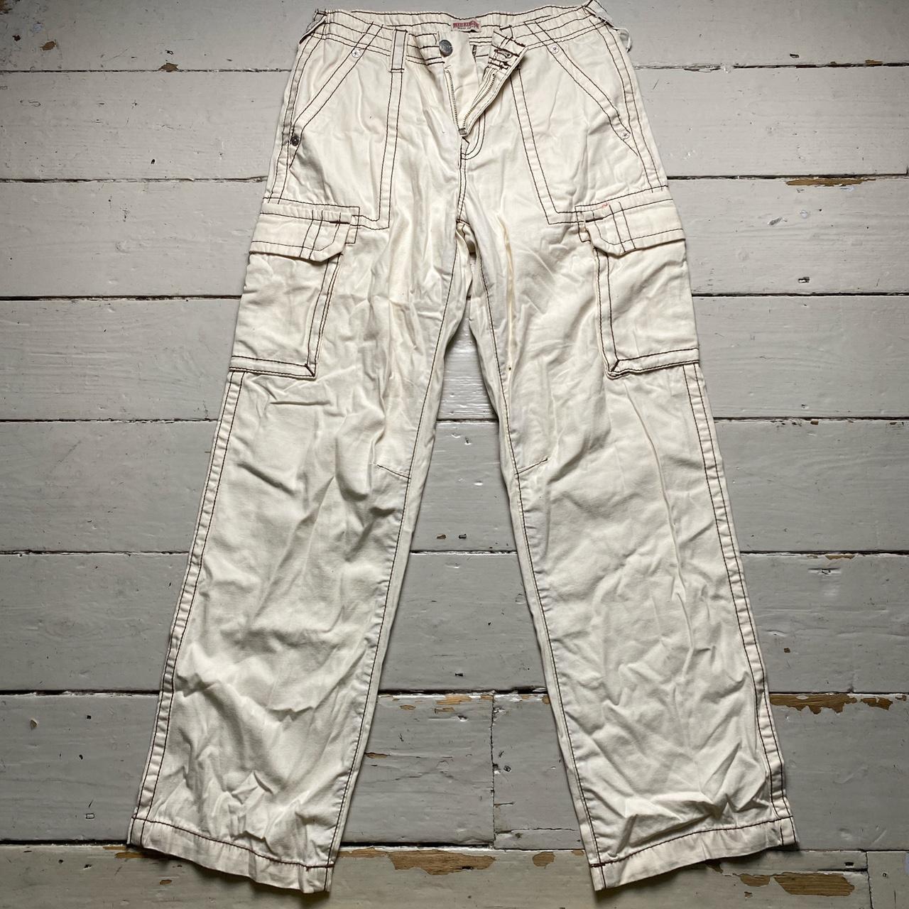 True Religion Baggy Cream and Brown Embroidery Cargo Trousers