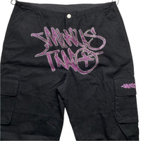 Minus Two Diamante Rhinestone Pink and Silver Black Cargo Trousers (XL)
