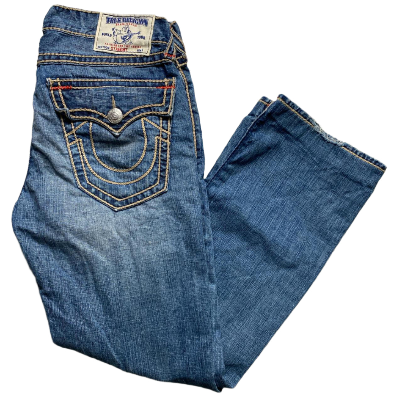 True Religion Big Stitch Straight Blue Brown and Red Baggy Jeans (34W)