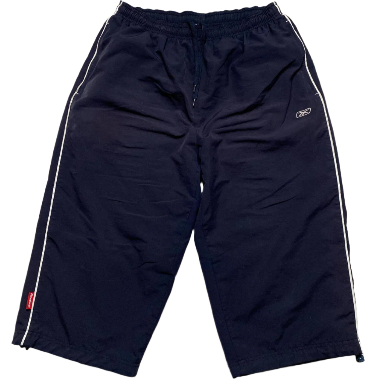 Reebok Navy and White Baggy Shell Trackpant Shorts (M)
