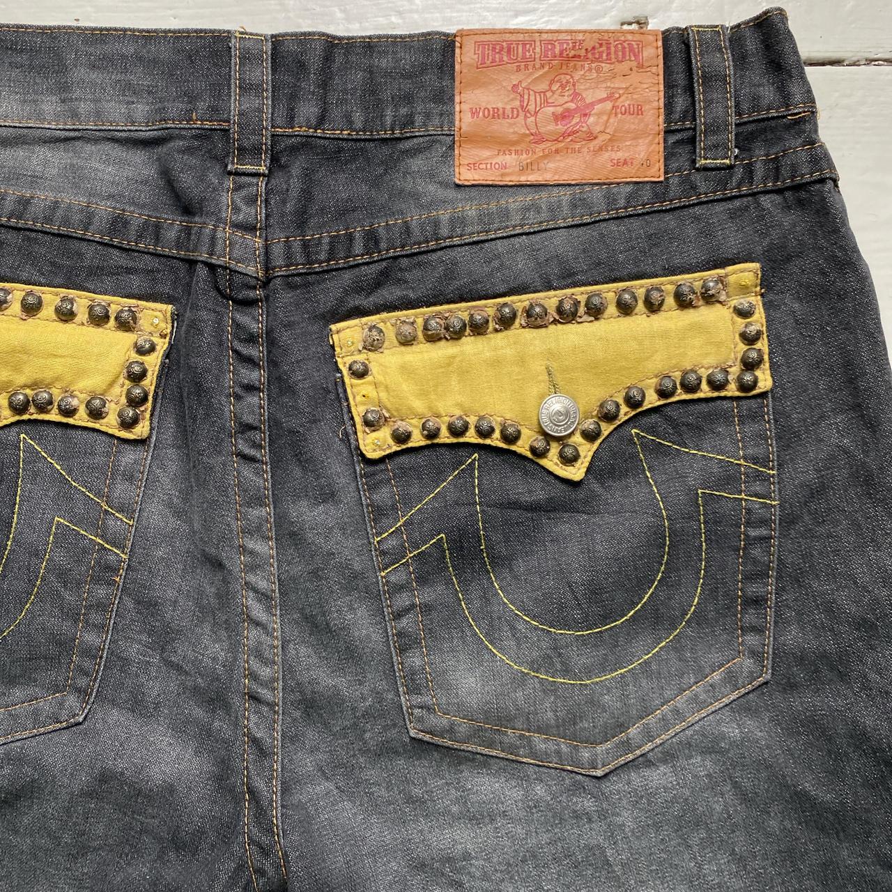 True Religion Billy Baggy Vintage Stud and Gold Stitch Grey Jort Jean Shorts