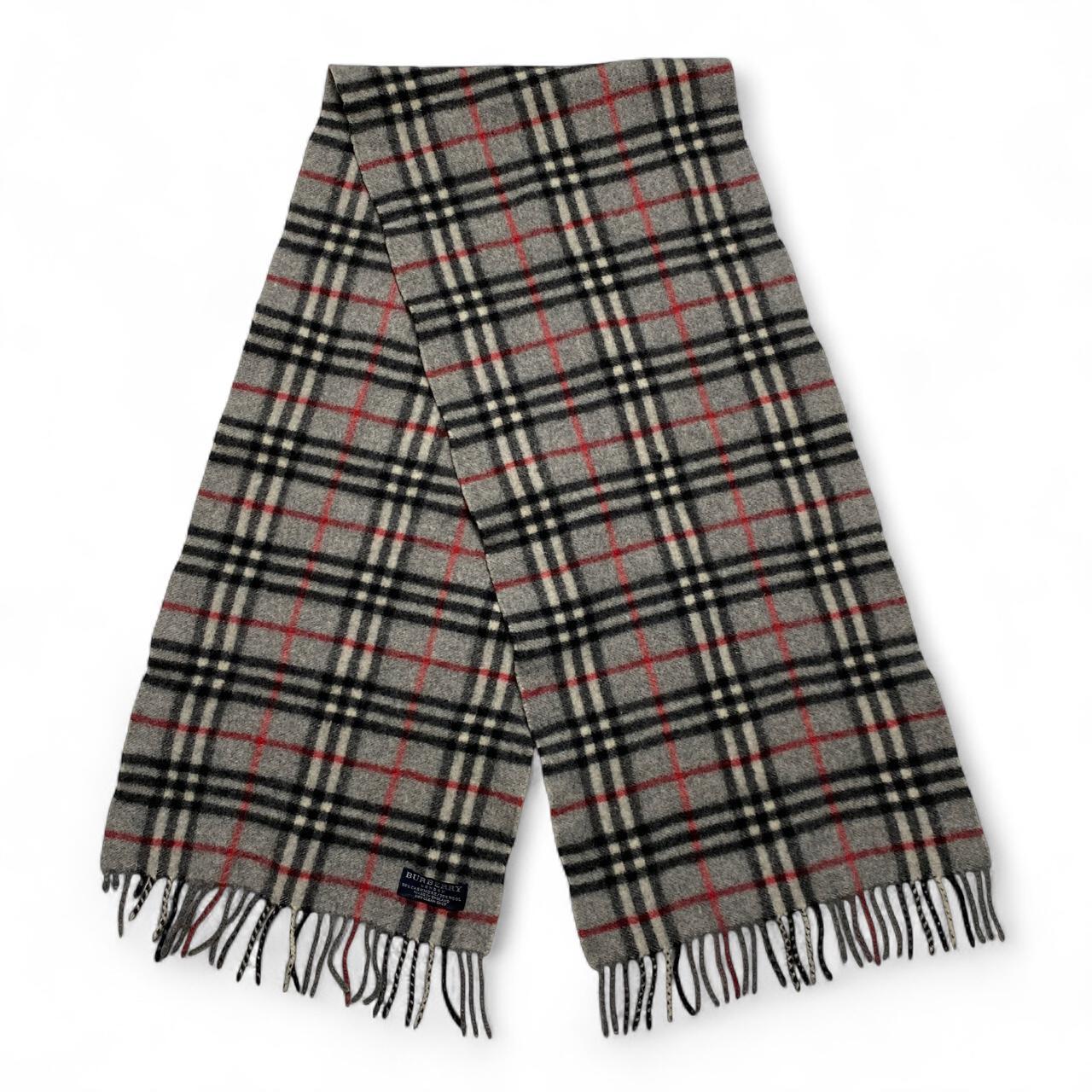 Burberry Nova Check Grey Black and Red Cashmere Wool Scarf