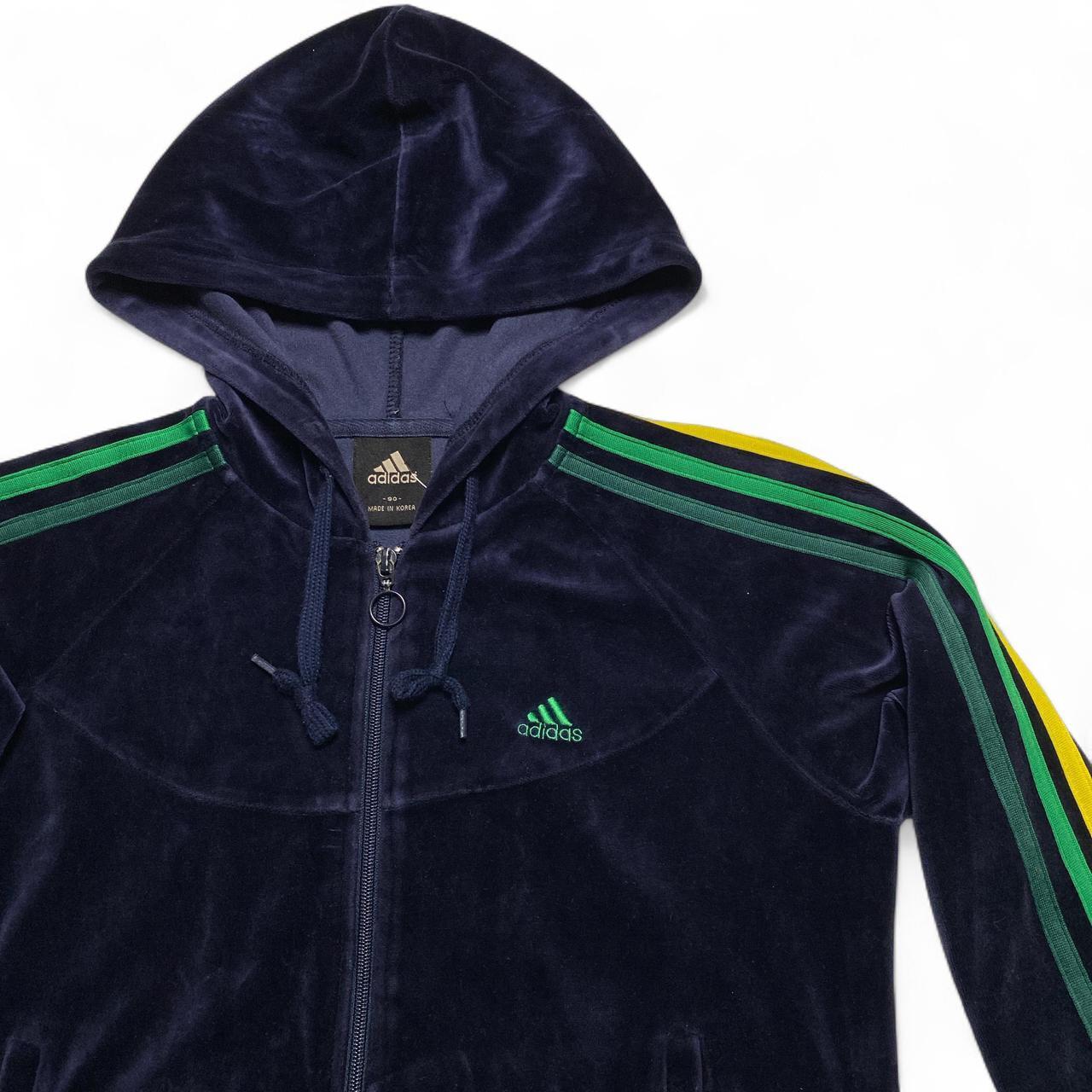 Adidas Vintage y2k Navy Velour Yellow and Green Stripes Hoodie
